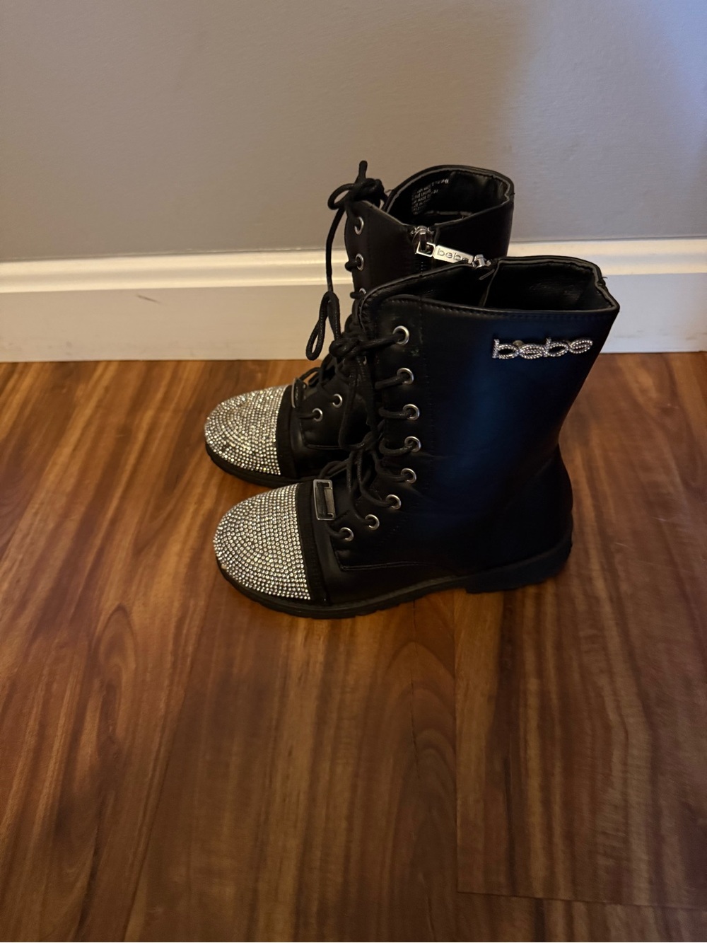 bebe Black Lace-Up Boots with Crystal-Embellished Toe